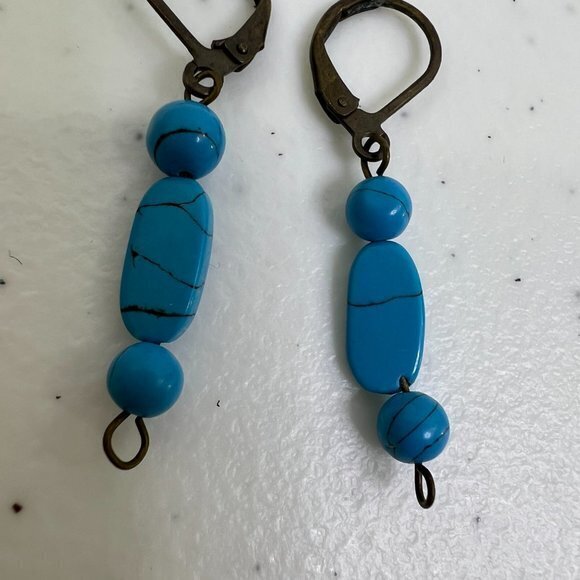 Blue Beaded Earrings Faux Turquoise Gold Tone Boho Southwestern Native Look - Picture 2 of 4